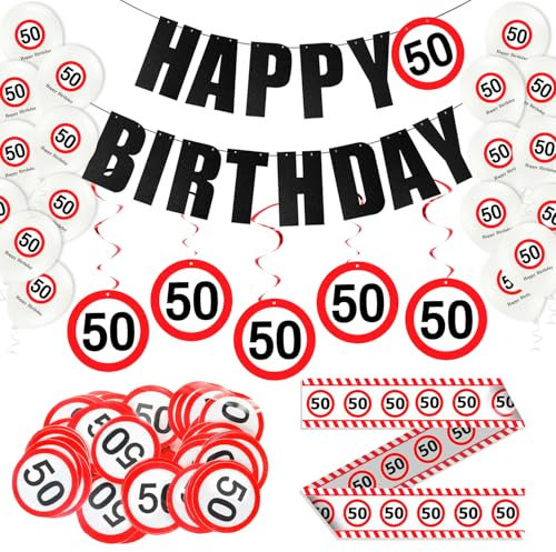Deko zum 50.Geburtstag für Männer & Frauen, Happy Birthday Decorations Set mit Alles Gute zum Geburtstags Girlande, Konfetti, Spiralen, Absperrband 50 Schild für Geburtstag & Latex-Ballons (50 Jahre)