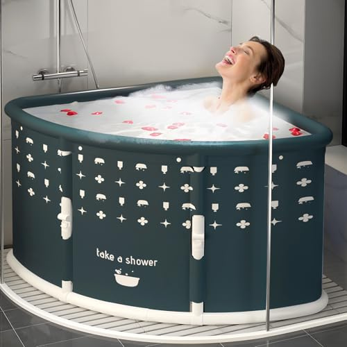 Bärbart badkar för vuxna, fläktformat hopfällbart badkar, ergonomiskt designat för det ultimata avkopplande badbadet, is/badtunna, enkelt vikbart hörnbadkar