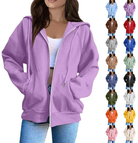 Sweats À Capuche Femme Zippé Oversize - Veste Polaire Femme Hiver Sport Casual Sweatshirt avec Poches Chaud Chic Et Élégant Sweats Couleur Unie Coton Sweat-Shirt(Violet,L)