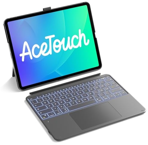 Inateck Hülle mit Tastatur iPad Air 13, großes 6 Präzisions-Touchpad | für iPad Pro 12,9, abnehmbar, vertikal/horizontal, 7 FarbigerBeleuchtung, verstecktes Stiftfach, AceTouch, Grau