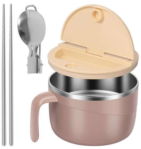 1200ml Large Ramen Bowl with Drainable Lid and Handle, Stainless Steel Instant Noodle Bowl Set with Phone Holder, Collapsible Spoon and Chopsticks, Ramen Cooker Bowls for Dorm, Office and Home (Khaki)