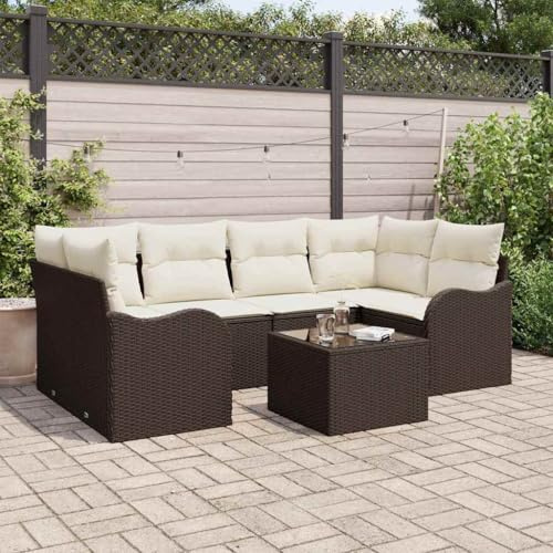 Hoopleep Gartensofa-Set Braun, 55x55x37 cm Poly-Rattan, Modulares Sofa für Terrasse, Balkon, Außenbereich, 7-teilige Sitzgruppe mit Tisch