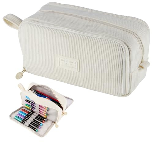 wittsyer Federmäppchen aus Cordstoff mit 3 Fächern – Große Kapazität Mäppchen Aesthetic, Strapazierfähige Beige Federtasche, Pencil Case für Mädchen, Jungen & Teenager