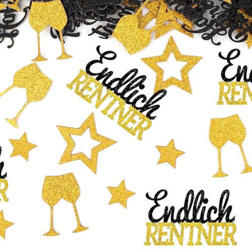 100pcs Rente Gold Konfetti, 4 Design Rente Deko Konfetti Weinglas fünfzackigen Stern Buchstaben Geburtstag Tischdekorationen Gold Tabelle Streuung für Hochzeit Büro Abschied Party Feier Versorgung