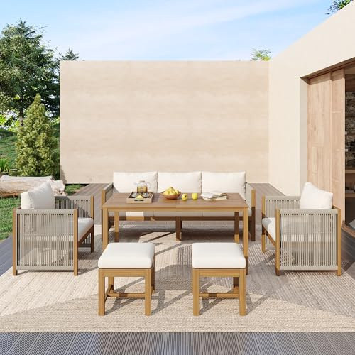 Merax 7 Seater Garden Dining & Lounge Set, Acacia Wood Garden Furniture with Rope Detail, Outdoor Patio Dining Table and Chairs, Wooden Garden Sofa Set with Cushions – Beige