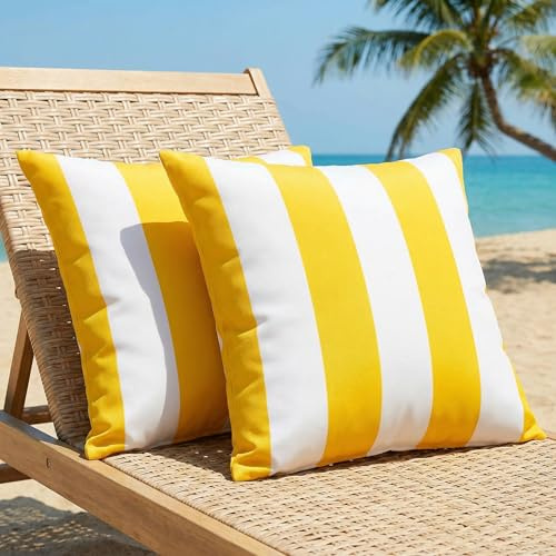 Luzzxfa Wasserfest Outdoor Kissenbezug 40x40 cm 2er Set Gelb Gestreifte Modern Gartenkissenbezüge Strand Dekokissen Dekorative Kissenhülle Sommer Sofakissen für Sofa Balkon, Camping