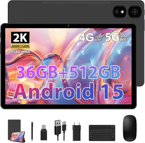 Tablet 11 Pulgadas Android 15 con Teclado y Ratón Incluidos, 36GB RAM+512GB ROM+TF 2TB, 4G LTE Tableta con SIM, 2000 x 1200 IPS, Octa-Core,13MP+8MP, 9580mAh/5G WiFi/GPS/3.5MM/BT5.0/OTG - Negro