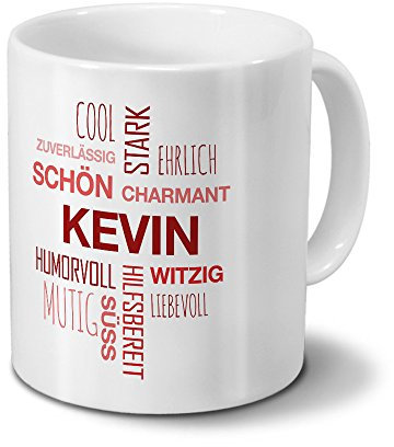 Tasse mit Namen Kevin Positive Eigenschaften Tagcloud - Rot - Namenstasse, Kaffeebecher, Mug, Becher, Kaffeetasse