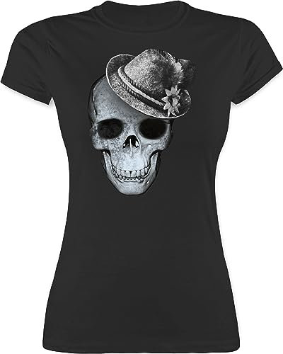 Shirt Damen - Kompatibel Oktoberfest - Totenkopf mit Filzhut - L - Schwarz - trachtenshirts trachtenshirt bayrische Skull Funshirts für Frauen trachtentshirt Trachten t Shirts bayrisch bayernhut