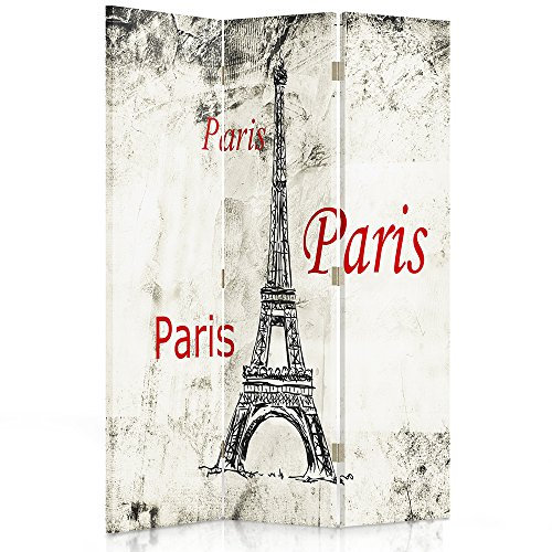 Feeby Frames. Raumteiler, Ggedruckten auf Canvas, Leinwand Wandschirme, dekorative Trennwand, Paravent beidseitig, 3 teilig (110x150 cm), Paris, Vintage, Eiffelturm, Typographie, ROT, SCHWARZWEIß