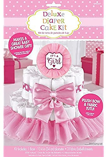 Amscan 380083 - Dekorationsset Windeltorte Mädchen, 4-teilig, für circa 70 Windeln, Geschenk zur Geburt