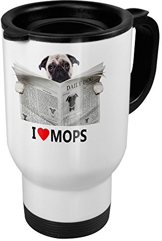 printplanet Thermobecher mit Hunderasse Mops - Coffee to Go Becher, Thermo-Tasse, Farbe Weiß