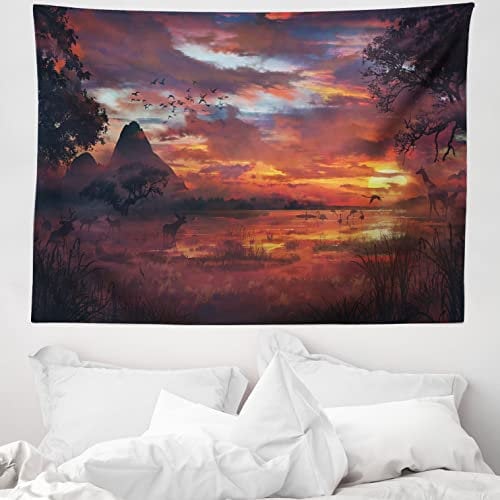 ABAKUHAUS Landschaft Wandteppich, Safari Wild Forest aus Weiches Mikrofaser Stoff Waschbar ohne Verblassen Digitaldruck, 150 x 110 cm, Orange Schwarz