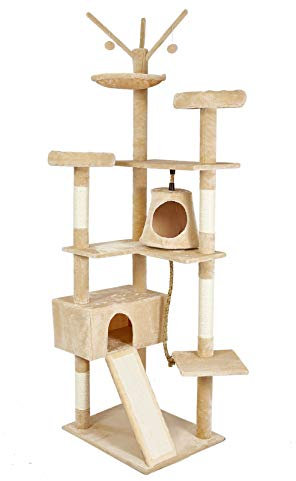 Meerveil Cat Tree, 210cm Cat Tower for Indoor Cats, Cat Climbing Tree with Cat Activity Platforms, 3 Pompoms, 2 Condos, Basket and Sisal Scratching Posts, Beige
