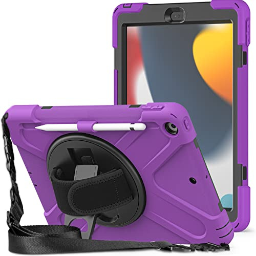 Schutzhülle für iPad 8. und 7. Generation, 10,2 KIQ, stoßfest, robust, Stifthalter, drehbar, sicherer Griff, Schultergurt, für Apple iPad 25,9 cm (10,2 Zoll), 7. und 8. Generation, 2019/2020, Violett