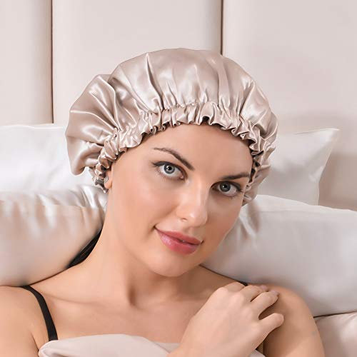 THXSILK Seide Schlafmütze mit Hyaluronic Acid Atmungsaktive Seiden Nachtmütze Elastisch Schlafhaube Hut Nacht Schlaf Kopfbedeckung für Haarpflege (Champagner & Grau, M (für kurzes/mittleres Haar))