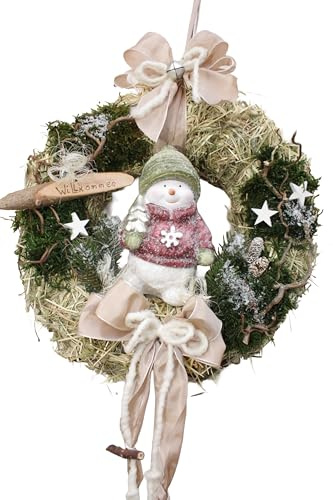 Türkranz D32 cm mit Schneemann, grüner Mütze und Baum, Taupe Creme Natur | Weihnachtskranz, für Tür und Wand, Handgefertigt in Deutschland, Mit Schleife und Willkommen-Schild