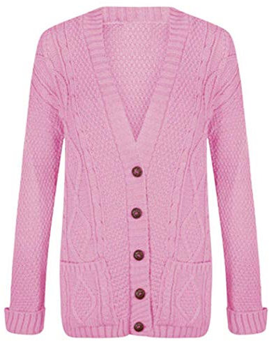 WearAll Womens Cable Knitted Button Cardigan Long Sleeve Ladies Boyfriend Top - Baby Pink 16-18
