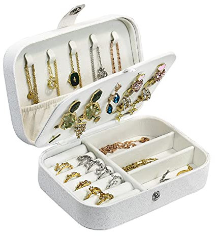 Reise-Schmuckschatulle, PU-Leder, kleiner Schmuck-Organizer für Damen und Mädchen, tragbare Mini-Reiseetui, Aufbewahrungsboxen für Ohrstecker, Ringe, Halsketten, Armbänder (Glitzer-Weiß)