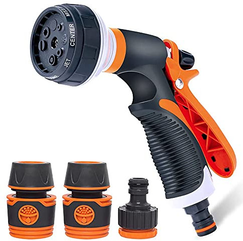 Hose Spray Gun Set, Garden Hose Pipe Spray Gun with 8 Adjustable Patterns High Pressure Spray Nozzle for Watering Plants Lawns Cleaning Pets Car Washing Includes Hose Connectors