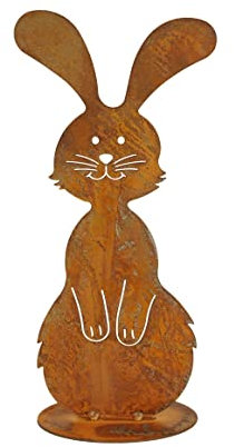 dekorativer putziger Deko-Hase Osterhase hockend als Flache Silhouette zum Stellen Metall Rostoptik (klein ca. 14 x 8 x 30 cm hoch)