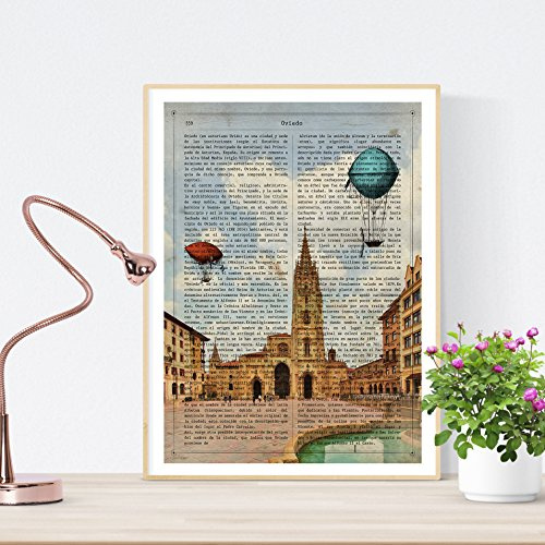 Nacnic Oviedo-Stadt, Vintage-Stil, Illustration, Fotografie, Collage mit Geschichte des Osterns, A4, mit Rahmen