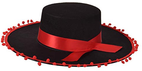 BPURB Spanischer Bull Fight Hat Matador Kostüm Schwarz und Rot Sombrero Hut für Damen Herren (Schwarz mit rotem Rand)
