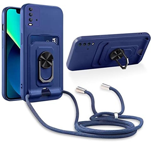 Aithne Handykette Hülle kompatibel mit Xiaomi Redmi 9 Power/Redmi 9T/Redmi Note 9 4G, 360 Grad Ringhalter Stand [Kartenfach] mit Kordel zum Umhängen Silikon Schutzhülle - Blau