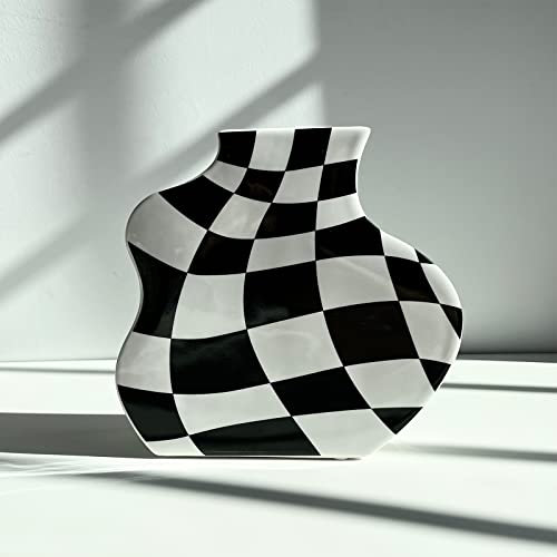 BUICCE Moderne schwarz-weiß karierte Keramik-Blumenvase, niedliche kleine Deko-Pusteblumen-Vase für Tafelaufsätze, Bauernhaus, Zuhause, minimalistische Dekoration.