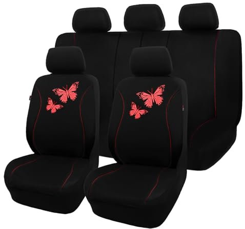 Flying Banner Autositzbezüge aus atmungsaktivem Netzstoff, buntes Schmetterlings-Offset-Druckmuster, Airbag-kompatibel, vollständiges Set, schwarz