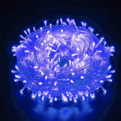 AURSTORE BASA - Guirnalda luminosa de 8 modos, 10 m, 100 LED, decoración romántica para árbol de Navidad, boda, fiesta, guirnalda interior (transparente, azul)