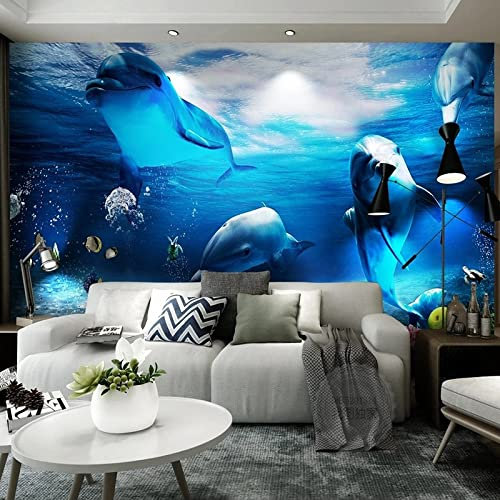 XTSWallpaper Blau Strand Delfine 300X200Cm Selbstklebendes Wandbild 3D Wandtattoo Wandsticker Schlafzimmer Wanddeko Wandaufkleber Wohnzimmer Tapete Wasserdichtes Pvc Wandbild Hintergrund