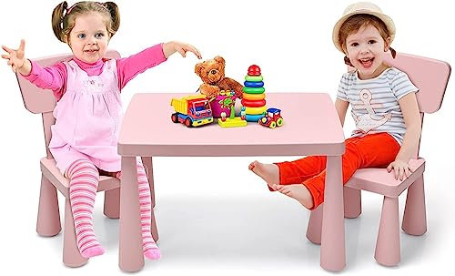 RELAX4LIFE Tavolino per Bambini con 2 Sedie in PP Atossico, Montaggio senza Attrezzo, Portata di 50 KG, Tavolo: 54,5x76,5x49,5cm, Sedie con Schienale: 36x35x66,5cm,Rosa