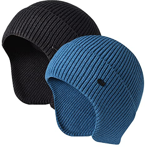 Wintermütze für Herren, Outdoor, dehnbar, gestrickt, Skimützen mit Ohrenklappe, winddicht, schwarz+blau, Einheitsgröße