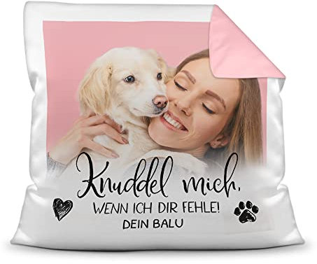 PfotenSchild Personalisiertes Foto-Kissen mit Füllung - Knuddel Mich, wenn ich dir fehle - mit Namen selbst gestalten - für Hunde, Katzen und andere Haustiere | Rückseite Rosa