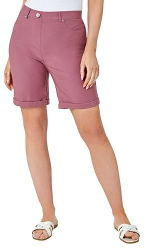 Roman Originals Stretch Shorts for Women UK Ladies Pull On Turned Hem Cut Off Bengaline Mom Boyfriend Boy Denim Casual Cropped Pants Capri Slim Fit Turn Up Summer Crops Mother - Biscuit - Size 20
