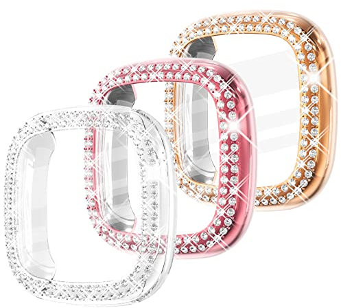 Fullife Confezione da 3 paraurti in TPU per Fitbit Versa 4, custodia protettiva in cristallo con diamante HD, per uomo e donna, Fitbit Versa 4/Fitbit Sense 2 Smartwatch, oro rosa/rosa/trasparente