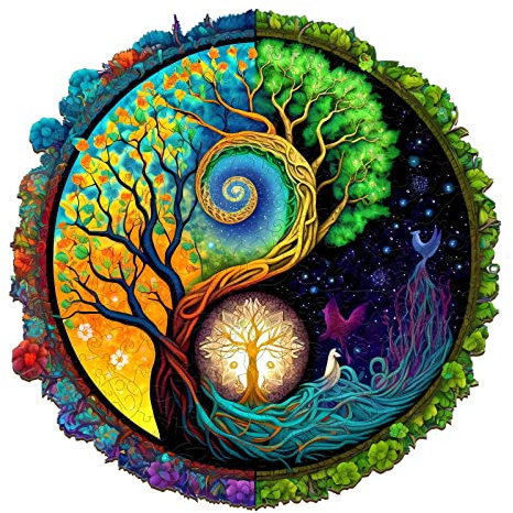 Blumuze Holzpuzzle Erwachsene 200 Stück,Yinyang Baum 2 Holzpuzzle Einzigartige Tierform Puzzleteile, Puzzle aus Tierteilen,Holz Puzzle, Puzzle Holz Erwachsene mit Geschenkbox aus Holz(M-11.8 * 11.8in)