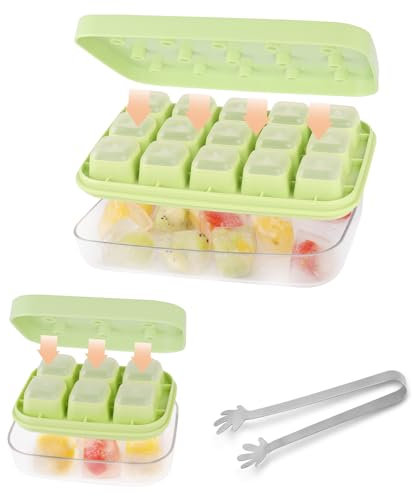 Bezioner Ice Cube Tray with Lid,Storage Ice Bin,Ice Tong,2PCS Big and Small Ice Cube Moulds, Press to Release Ice Cubes in One Second,Food-Grade BPA Free Ice Trays for Freezer Green