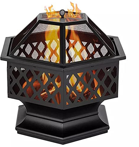 Outdoor Fire Pit Bowls Wood Burning, Hex-Shaped 24In Steel Fire Pit for Garden with Spark Screen Grill and Grate for Garden,Patio,Yard and Camping