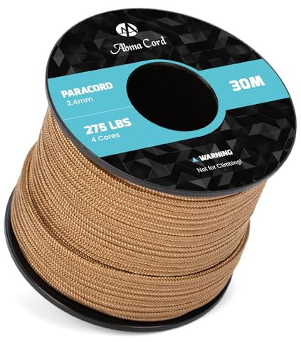 Abma Cord Paracord 275 Nylon Seil 2,4mm 30m Schnur mit 4 Kern für Basteln, Camping, Survival - Max. 125kg (275lbs) - Braun