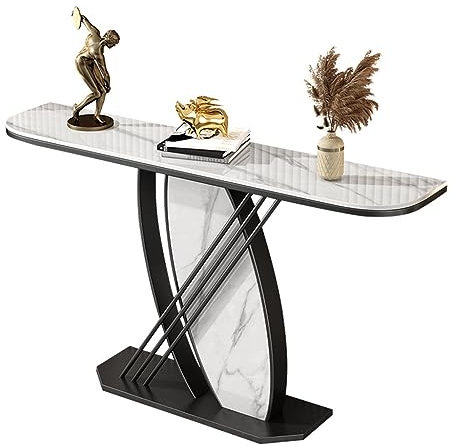 Konsolentisch, moderner Konsolentisch in Gold und Schwarz mit Metallsockel, schmaler Eingangstisch aus Kunstmarmor, Langer Tisch mit breiterer Tischplatte (schwarz 120 x 30 x 80 cm)