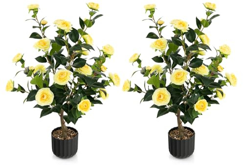 COSTWAY Plante Artificielle à Fausses Fleurs de 95 cm, Fausse Plante Camélia Artificiel dans Un Pot Remplies de Ciment avec 24 Fleurs, Décoration de Magasin Bureau Maison (Jaune)