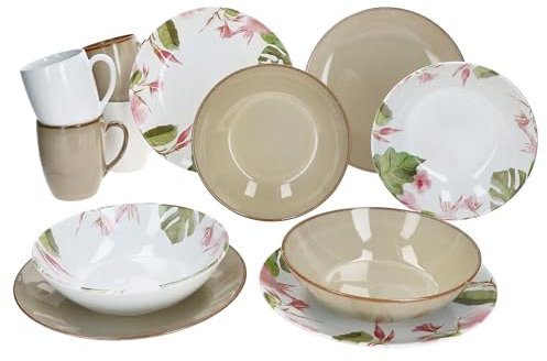 MÄSER Ossia Exotic Tearose Sable Ensemble de petit-déjeuner 12 pièces I 4 assiettes de 330 ml et 4 gobelets de 300 ml pour 4 personnes I Décor tropical I Vaisselle en faïence pour le petit déjeuner et