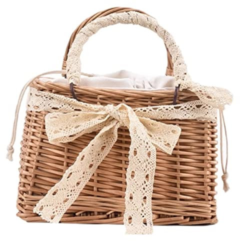 MOBAAK Strohtasche Korbtaschen Stroh Gewebte Handtaschen Frauen Sommer Rattan Handgefertigte Tragetaschen Damen Strandtasche Korbtasche Geflochtene Tasche (Color : A, Size : 21 * 16cm)