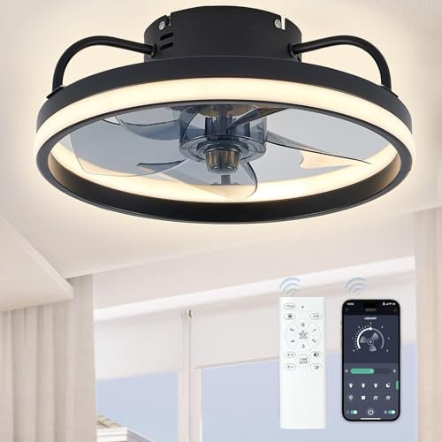 ODIKALA Ventilateur de plafond avec télécommande et lumière, minuterie et LED 3 couleurs, 6 vitesses, ventilateur de plafond 33 cm, adapté aux chambres, petites pièces (noir)