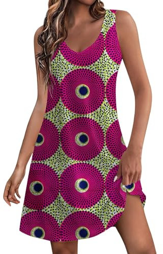 Generic Tenue De Plage Femme éTé,Robe Ete Femme Pas Cher Midi Chic Mi Longue Robe D'été Décontracté Mini Robes San Manche Lâche Impression Sexy Dress Les Casual Rob Rose Vif S