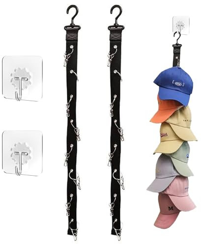 KASESSS 2 Stück Cap Halter, Praktisch Cap Halterung Wand, Kappenhalter mit 16 Clips, Cap Organizer mit 2 Haken Selbstklebend, Aufhängen Cap Aufbewahrung, Cap Holder für Baskenmütze, Basecap, Sonnenhut