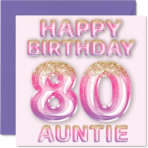 80th Birthday Card for Auntie, Pink & Purple Glitter Balloons | Happy Birthday Cards for 80 Year Old Aunt Aunty from Nephew Niece, 145mm Bday Greeting Cards Gift