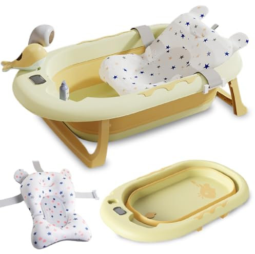 COZYNEST Bañera Bebé Plegable con Cojín Antideslizante y Termómetro, Soporte para Alcachofa de Ducha y Juguete Delfín | Bañera bebe Portátil, Compacta y Segura para Recién Nacidos y niños